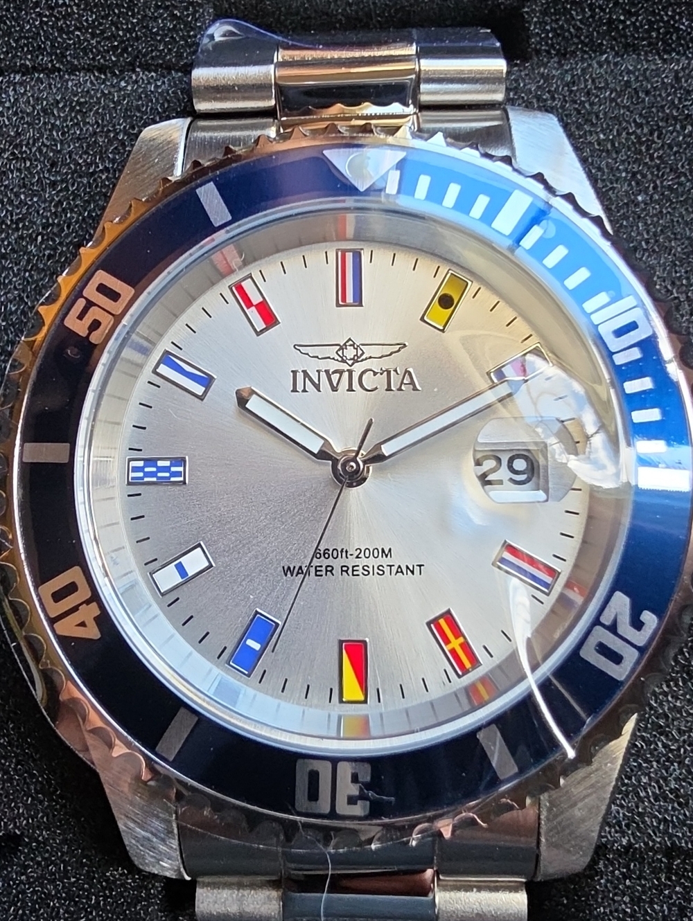 Invicta Pro Diver Silver Nautical Dial 40mm Watch with Blue Rotating Bezel
